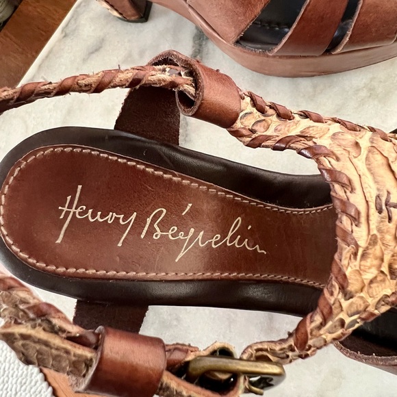 HENRY BEGUELIN cognac leather and snakeskin wedge slingback heels 38.5 - Picture 8 of 11